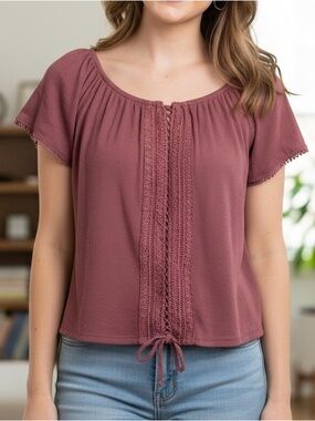 Colosa Boho Crochet Lace Peasant Top Burgundy Mauve Short Sleeve Size L